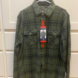 NWT Freedom Foundry Men's Stretch Green Plaid Fleece Long Sleeve Shirt, M